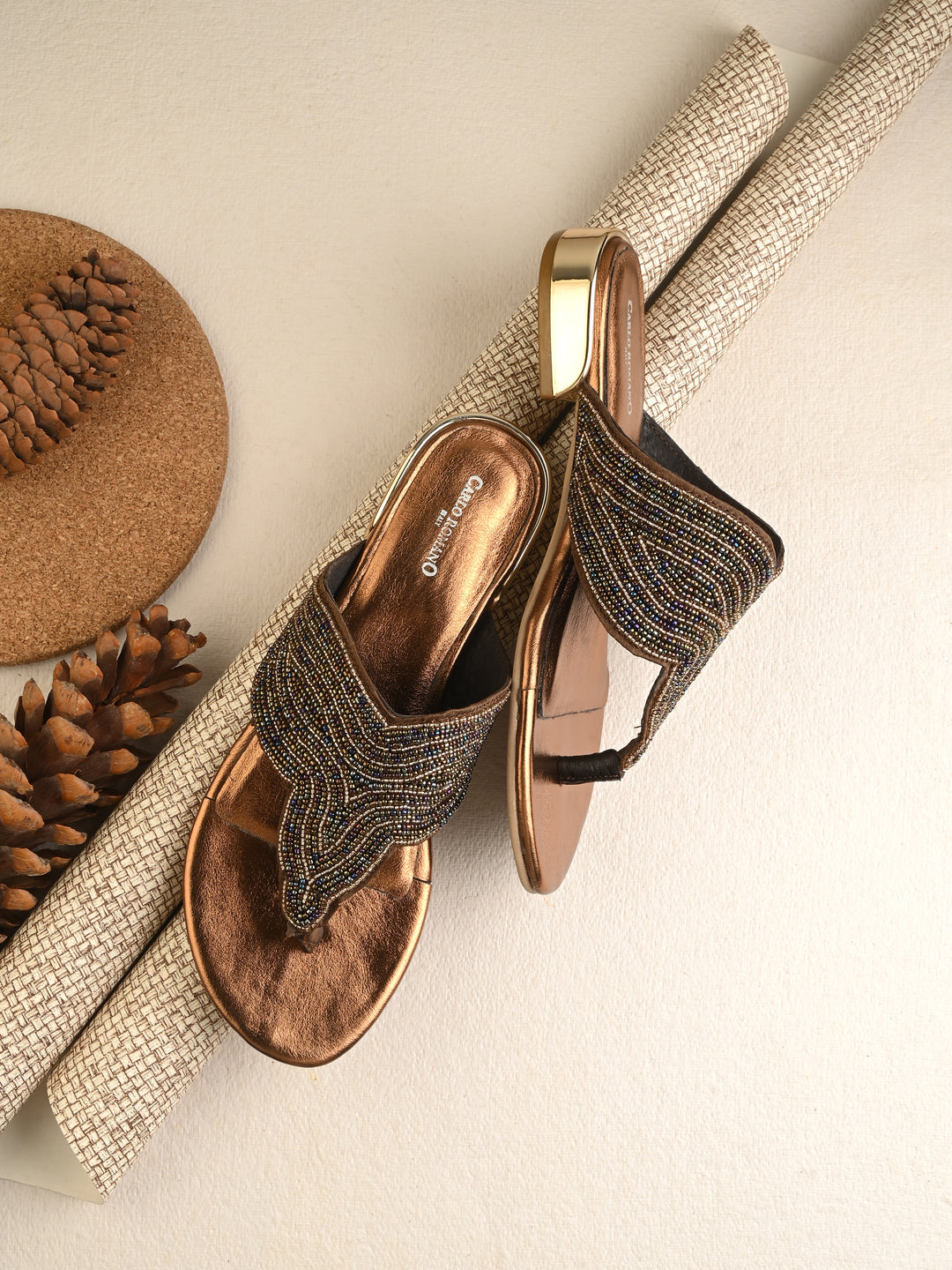 CARLO ROMANO BY WASAN BRONZE COLOR PREMIUM STYLISH WOMEN'S EMBROIDERY SLIPPER