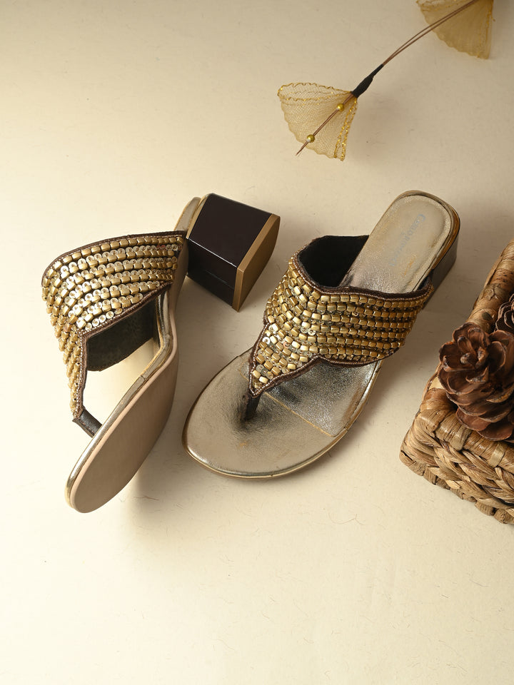 CARLO ROMANO BY WASAN GOLD COLOR PREMIUM STYLISH WOMEN'S  CRYSTAL EMBROIDERY SLIPPER