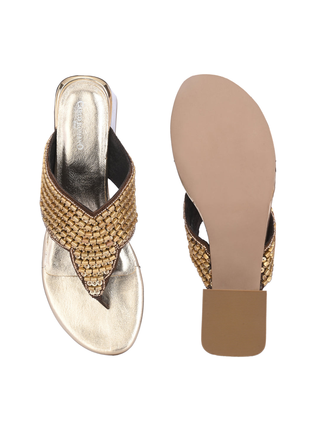 CARLO ROMANO BY WASAN GOLD COLOR PREMIUM STYLISH WOMEN'S  CRYSTAL EMBROIDERY SLIPPER