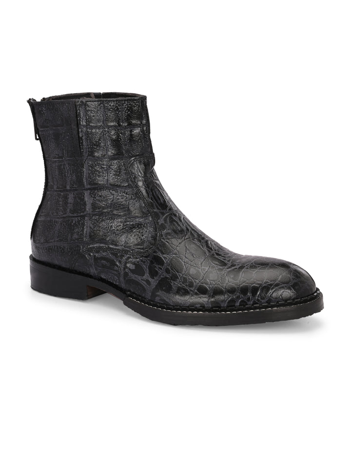 Mens Genuine Leather Croco Print Side Zip Ankle Boot