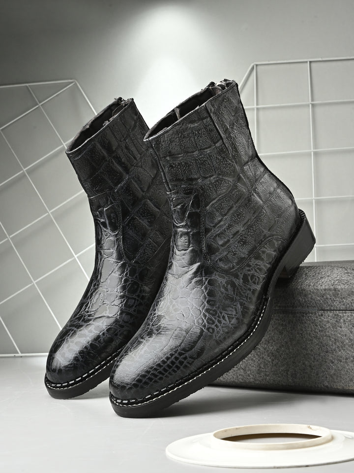 Mens Genuine Leather Croco Print Side Zip Ankle Boot
