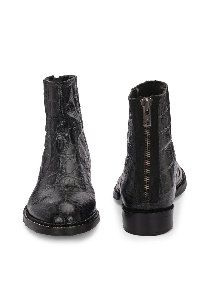 Mens Genuine Leather Croco Print Side Zip Ankle Boot