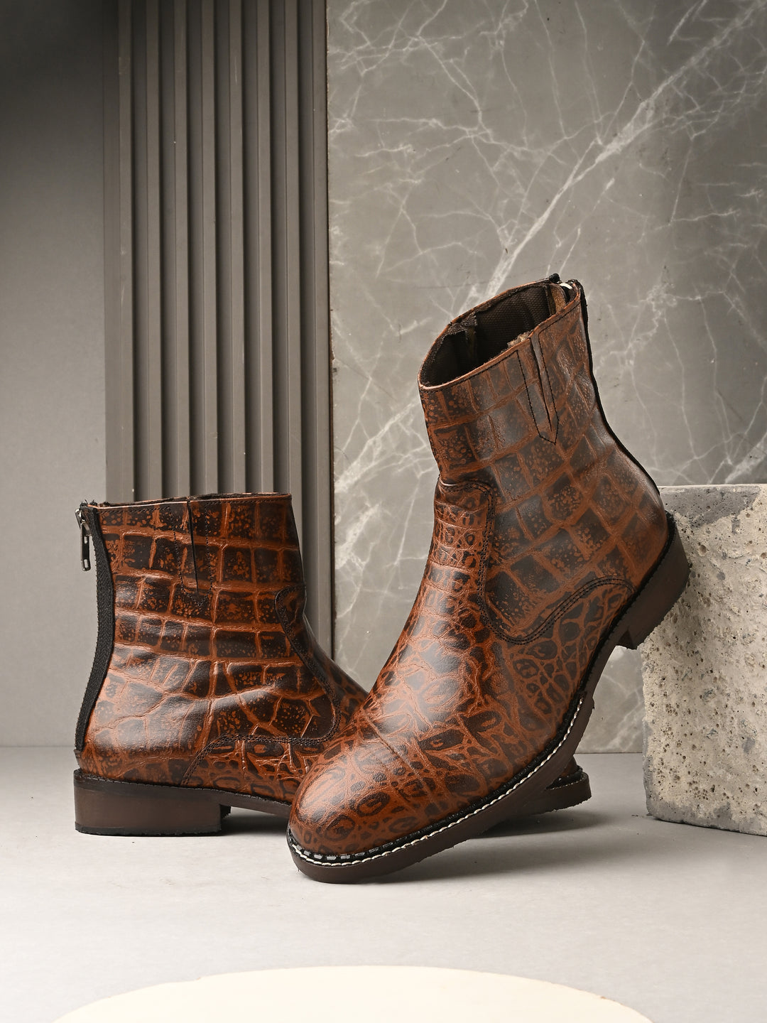 Mens Genuine Leather Croco Print Side Zip Ankle Boot