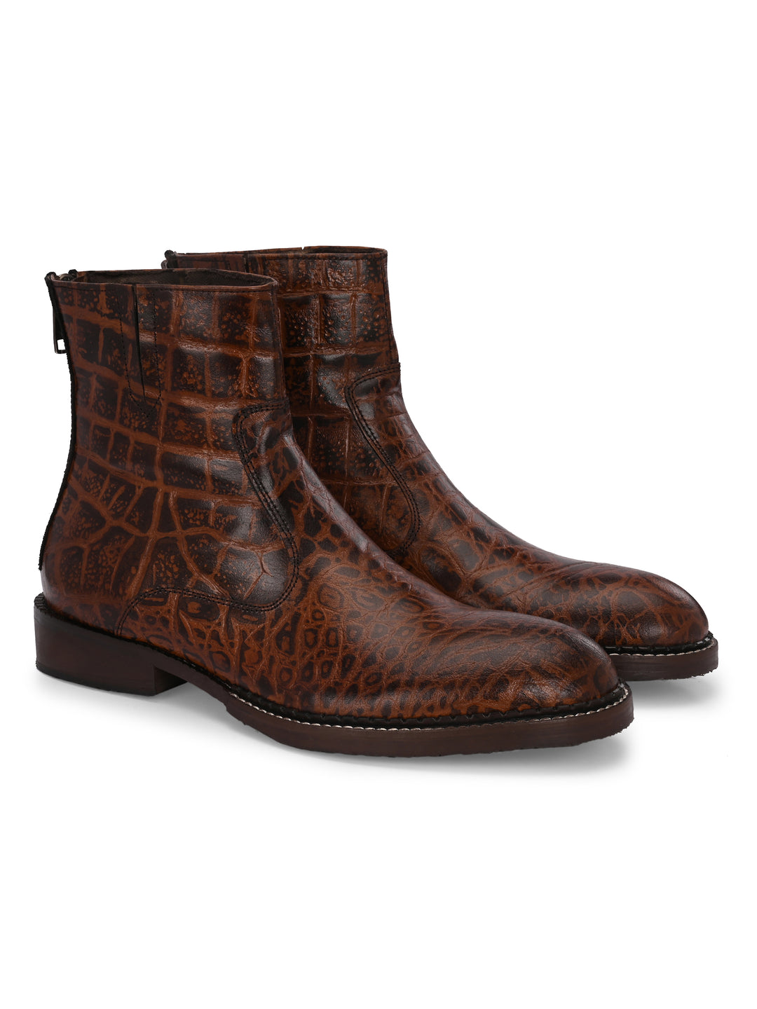 Mens Genuine Leather Croco Print Side Zip Ankle Boot