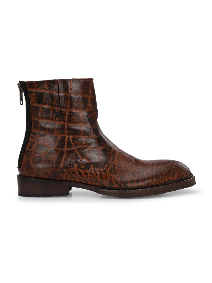 Mens Genuine Leather Croco Print Side Zip Ankle Boot