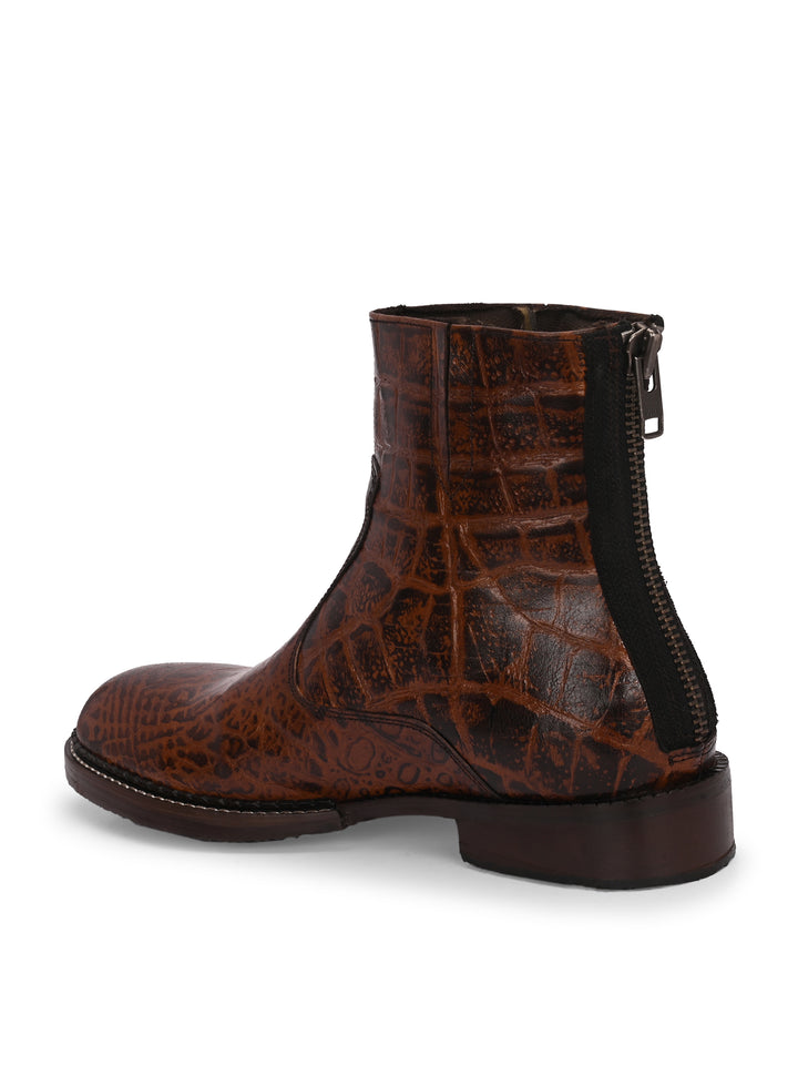 Mens Genuine Leather Croco Print Side Zip Ankle Boot