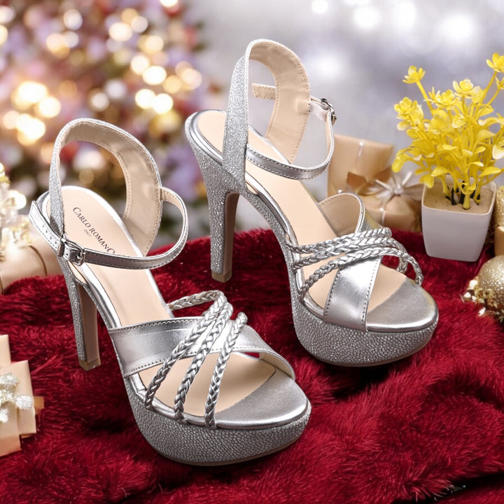 CARLO ROMANO BY WASAN SILVER COLOR LIGHT WEIGHT VERY COMFORTABLE STYLISH HIGH HEEL WOMEN'S SANDAL