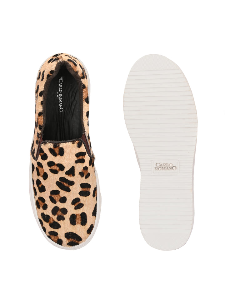 CARLO ROMANO GENUINE LEATHER LEOPARD ANIMAL PRINTED CASUAL SNEAKER FOR WOMEN