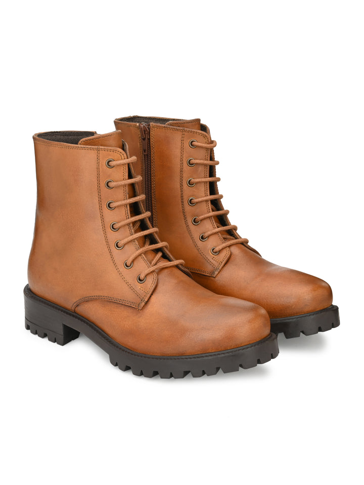 Women's Genuine burnish leather lace-up with zip high ankle boots