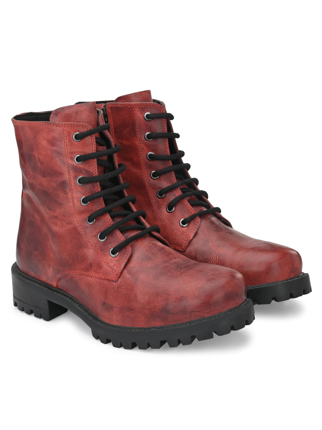 Women's Genuine burnish leather lace-up with zip high ankle boots